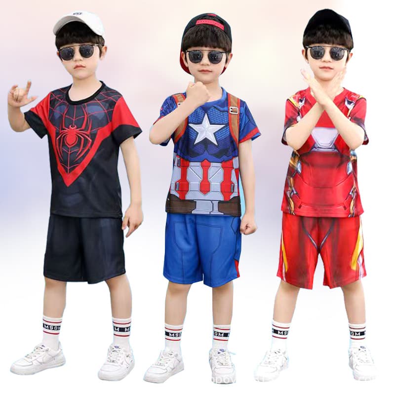 Spider-Man Captain America Iron Man clothes children's summer short-sleeved suit Children's Day cospal performance costume