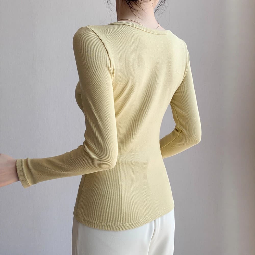 Women's Base Layer T-Shirt for Coat Inner Wear 2024 Fall/Winter U-Neck Long Sleeve Fitted Large Neckline Ribbed Top
