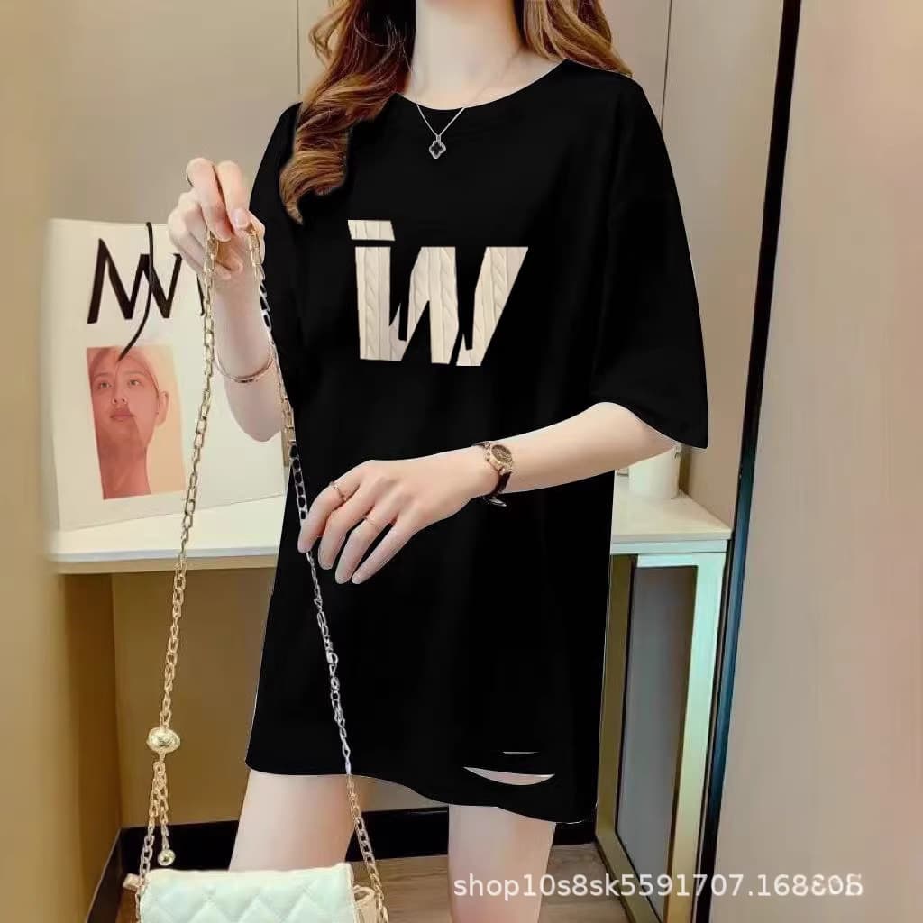 Round Neck Black T-Shirt Women's Mid-Length Base Layer 2026 New European Fashion Oversized Tee Ripped Versatile Trendy T