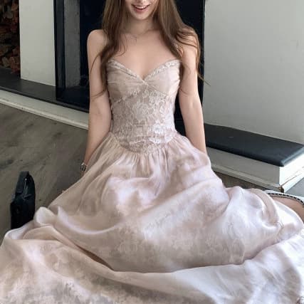 2026 New Arrival Embossed Lace 'Rose Lace Jacquard Cinched Waist Slimming A-Line Strapless Long Dress for Women