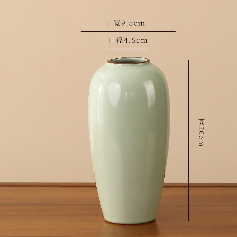 Bean Green Ru Kiln Crackle Glaze Ceramic Vase, Home Living Room Decoration, Dried Flower Arrangement, No Hole, Can Hold Water, Pottery Jar for Water Cultivation