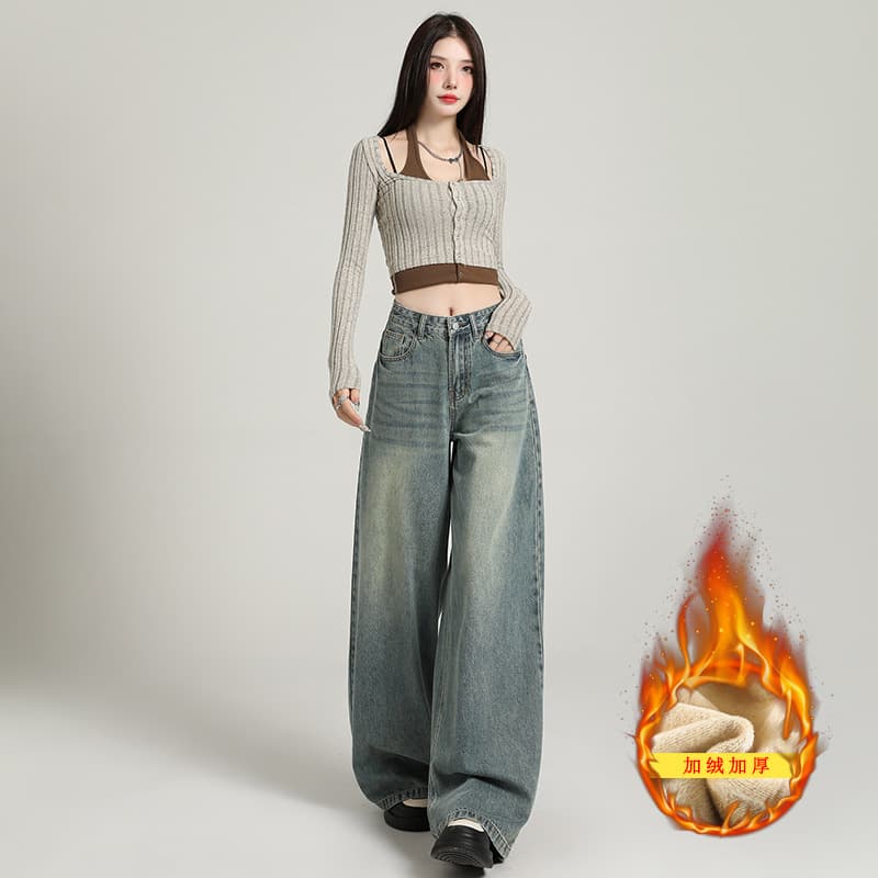 Shisanhang Yunheyu Retro 2025 Winter Fleece-Lined Pear-Shaped Slimming Loose Draped Wide-Leg Jeans for Women