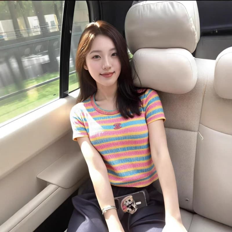 New Summer 2025 Knitted Round Neck Short Sleeve Colorful Striped Top with 3D Double C Letter Logo Accent