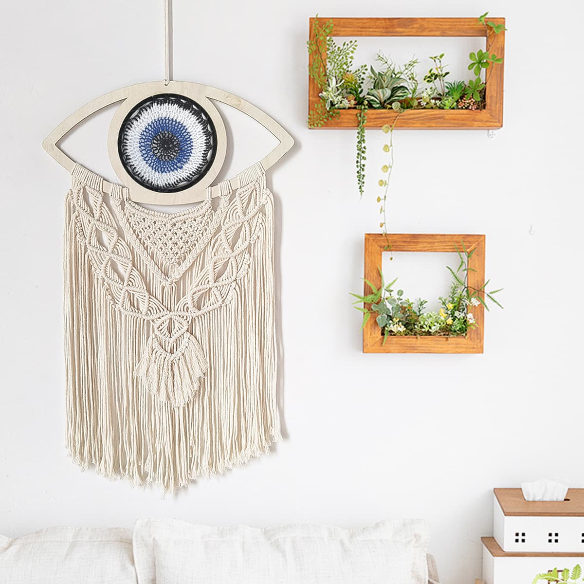 Bohemian Handwoven Tapestry Evil Eye Wooden Slat Wall Decor Cotton Thread Tassel Wall Hanging
