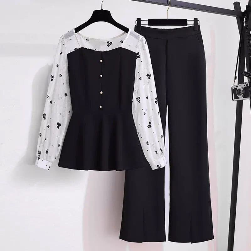 New Spring/Autumn Plus Size Women's Fashionable and Stylish Two-Piece Set: Top, Shirt, and Flared Pants