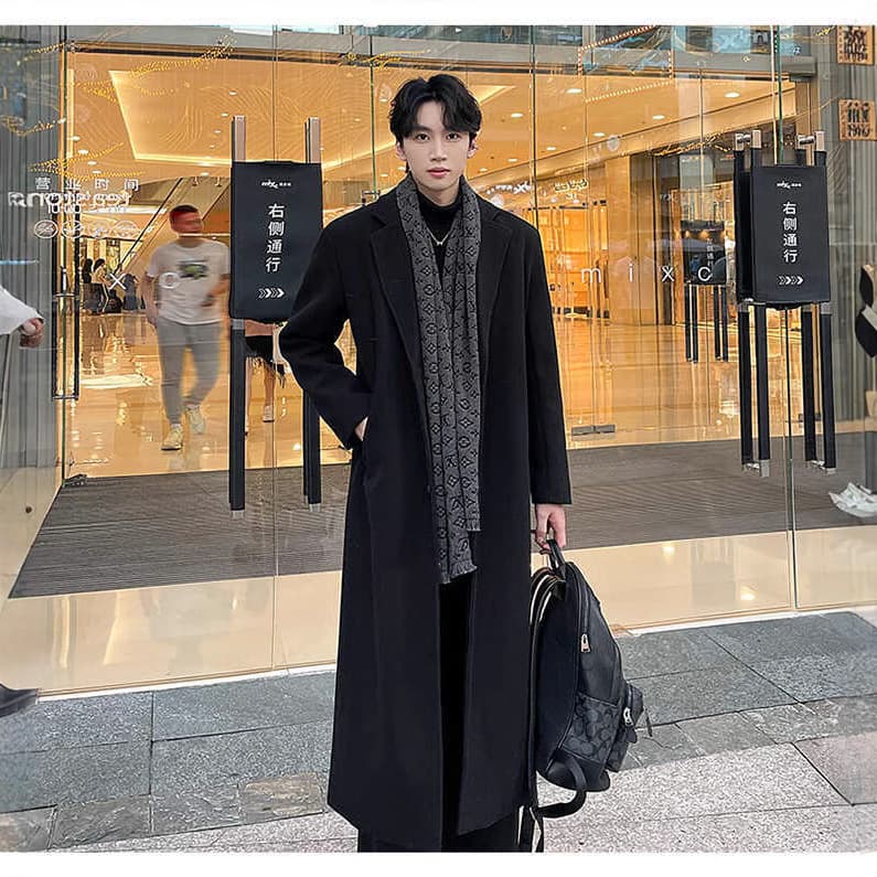 Men's long woolen overcoat, extra long, over-the-knee, thick woolen trench coat for autumn and winter, high-end feel, casual and trendy.