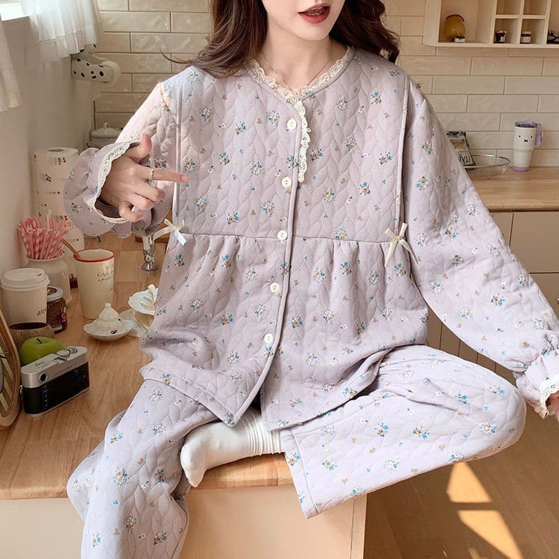 Air-cotton interlayer autumn and winter new maternity wear, thickened warm pajamas, breastfeeding home wear
