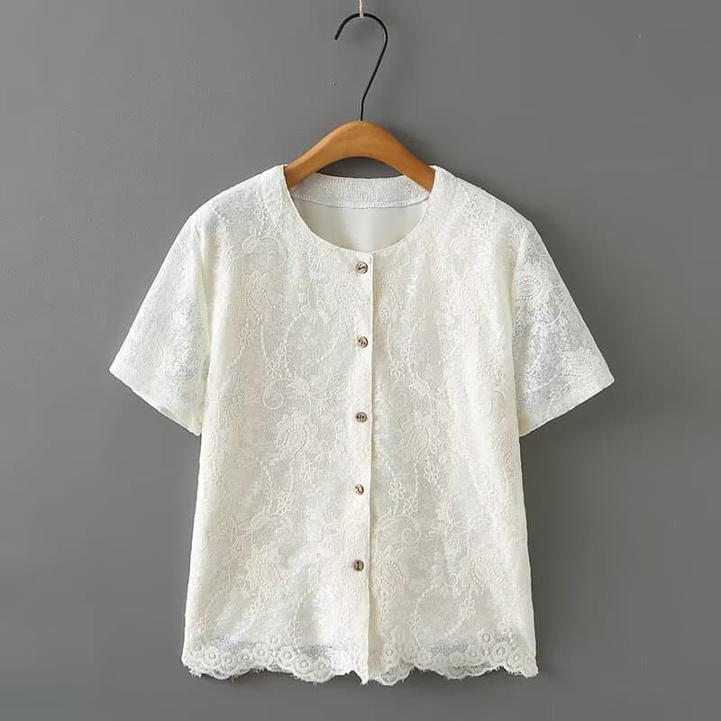 2025 Summer Plus Size Lace Shirt Short Sleeve Round Neck Cardigan Top Elegant and Stylish Embroidered Shirt for Curvy Women 8302