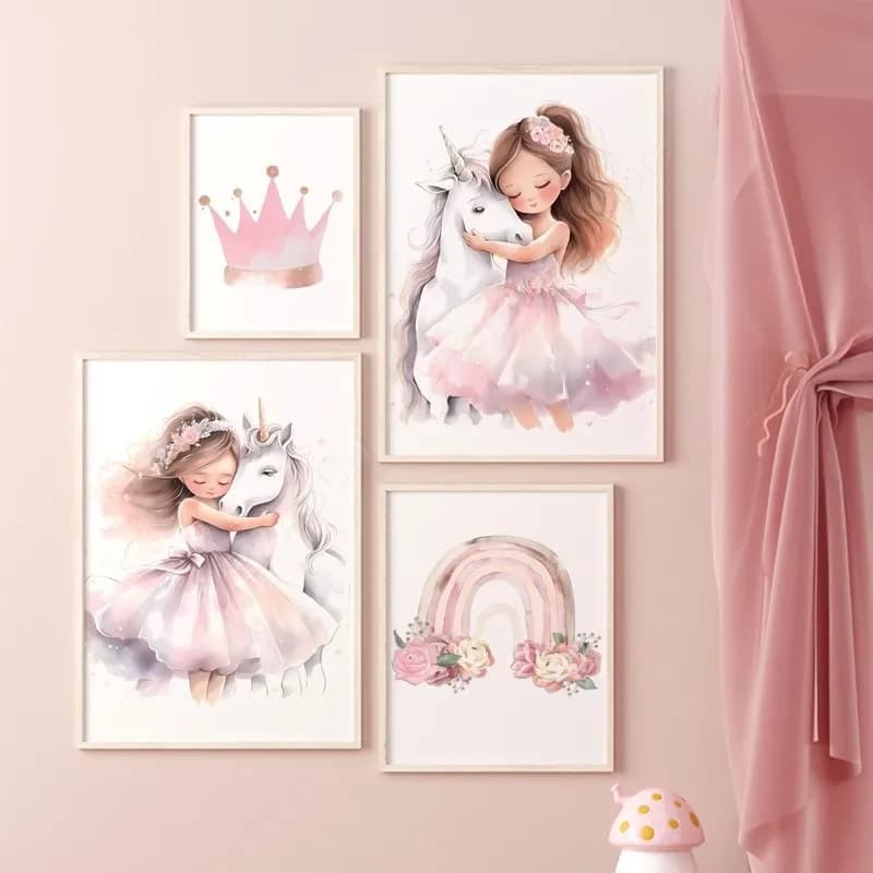 Pink watercolor cartoon character girl princess castle unicorn girl bedroom background wall poster frameless painting core