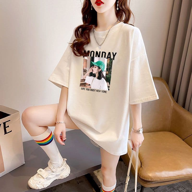 Summer New Plus-Size 100kg Mid-Length Ins-Style Loose Short-Sleeve T-Shirt for Young Women with Hepburn-Style Sporty Temperament