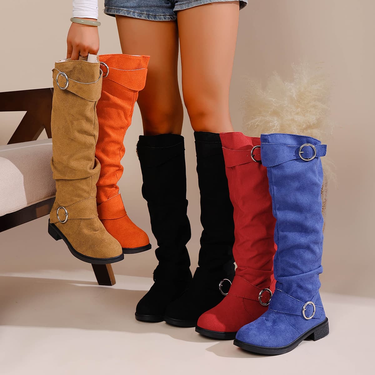 2025 New Large Size Pleated Flats-Soled Western Cowboy Boots Women's Belt Buckle Boots Thick Heel Slimming Look Long Knight Boots