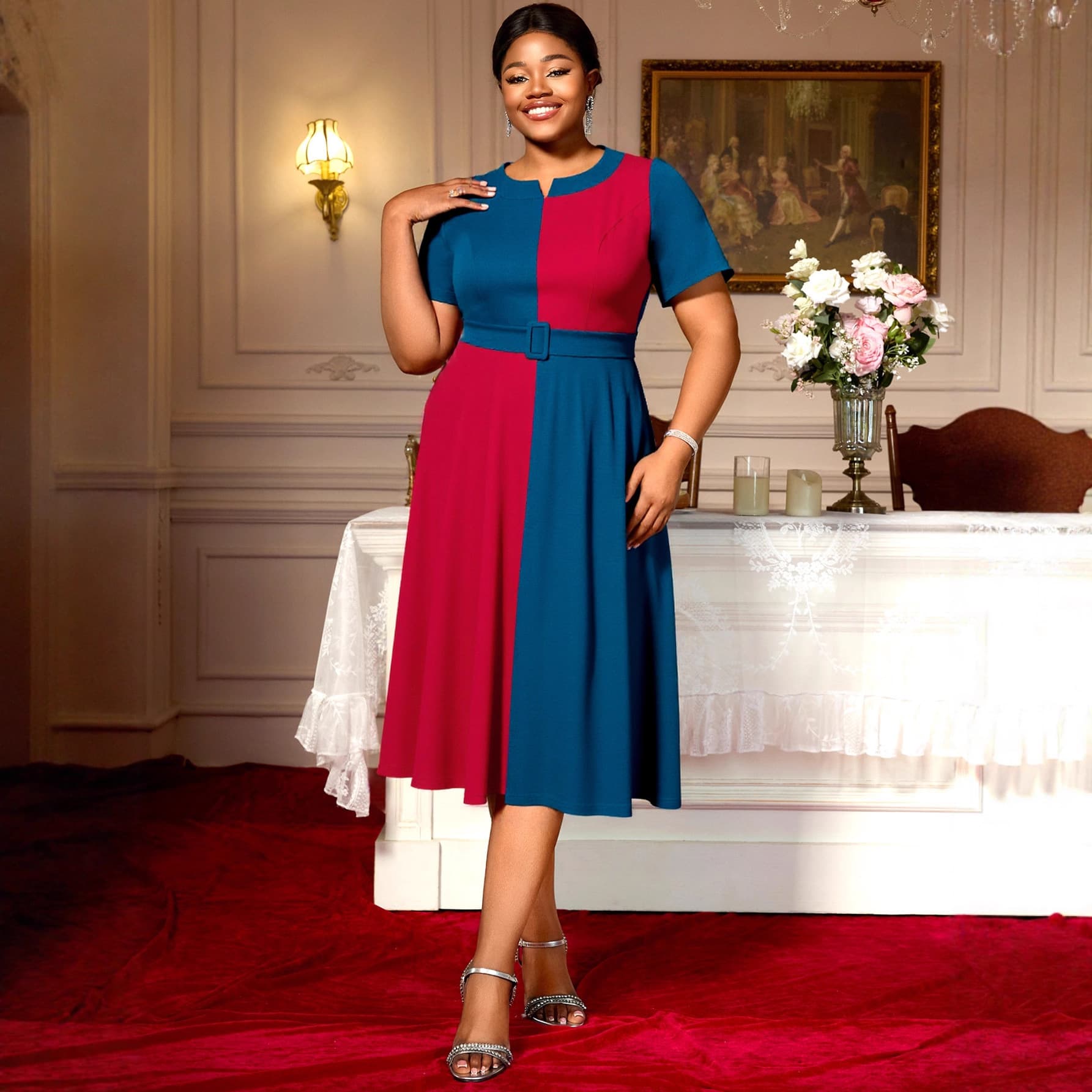 Plus Size Women's Red and Blue Contrast Short Sleeve Dress with Round Neck Belt Elegant Vintage A-Line Party Dresses