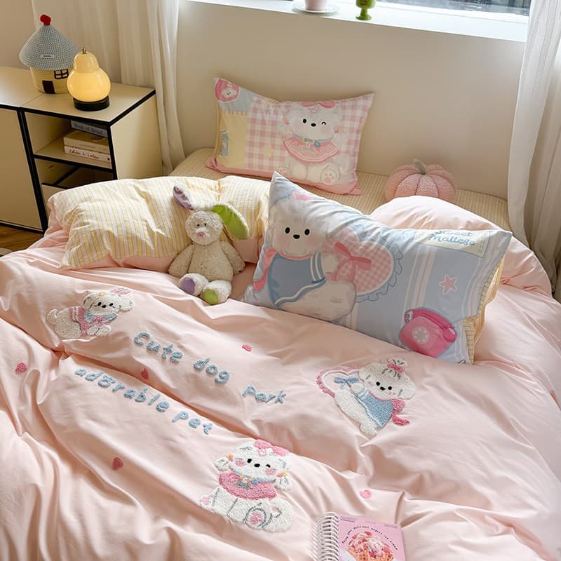 Japanese Sweet Style Pure Cotton Yarn-Dyed Washed Cotton 4-Piece Bedding Set, Cute Cotton Flat Sheet and Duvet Cover with Towel Embroidery Bedding