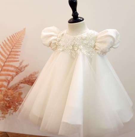 Girl's First Birthday Party Dress, Little Girl Tutu Tulle Skirt, White Flower Girl Princess Dress, Birthday Performance Piano Recital Outfit
