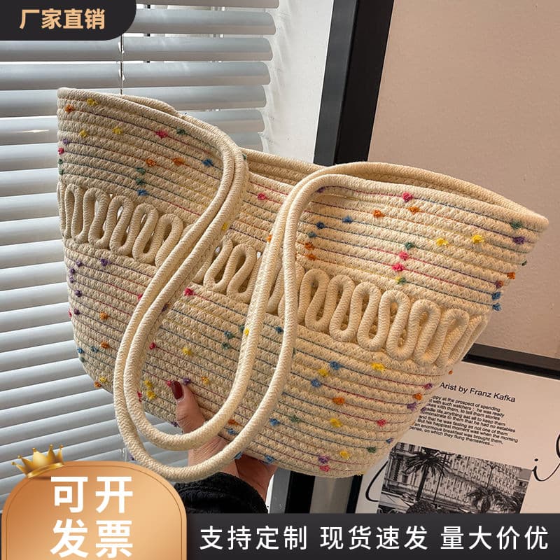 Large Capacity Hollow out Cotton Thread Woven Shoulder Bag French Style Straw Basket Beach Vacation Beach Sand Women's Bag