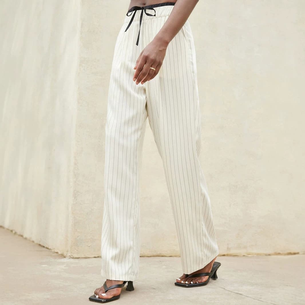 Designed drawstring striped pants for women, niche loose casual pants, straight trousers, floor-length wide-leg pants