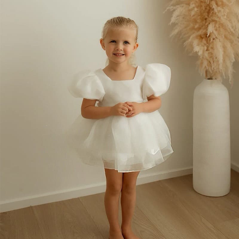 White puff sleeve princess dress 2026 summer solid color small and medium-sized children's tutu skirt sweet and cute children's dress wholesale