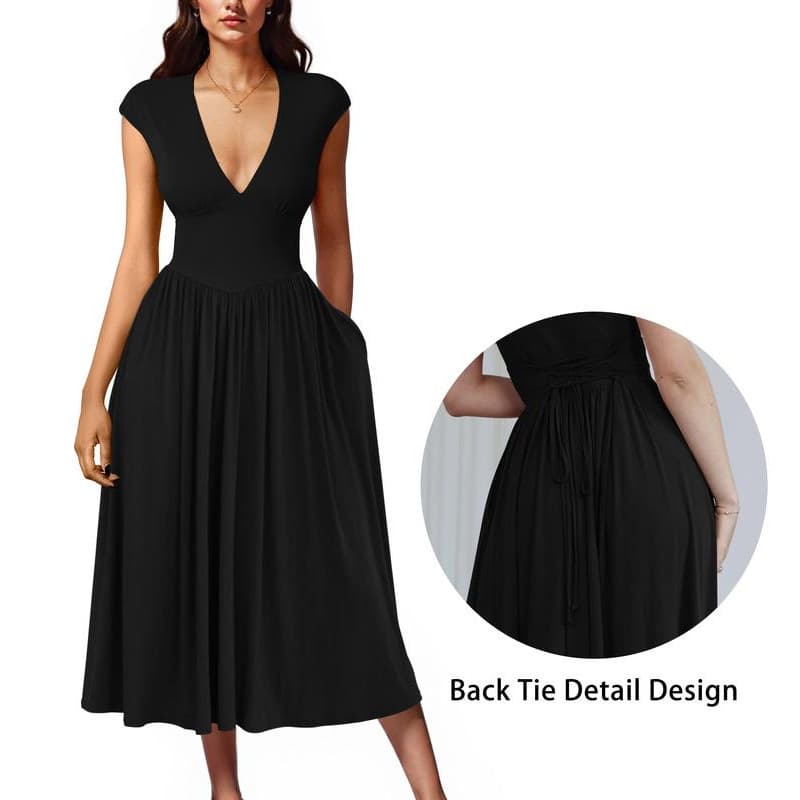 Foreign Trade Dropshipping Cross-Border Casual Dresses Women's Summer Casual Deep-Neck Puff Sleeve Pleated Skirt