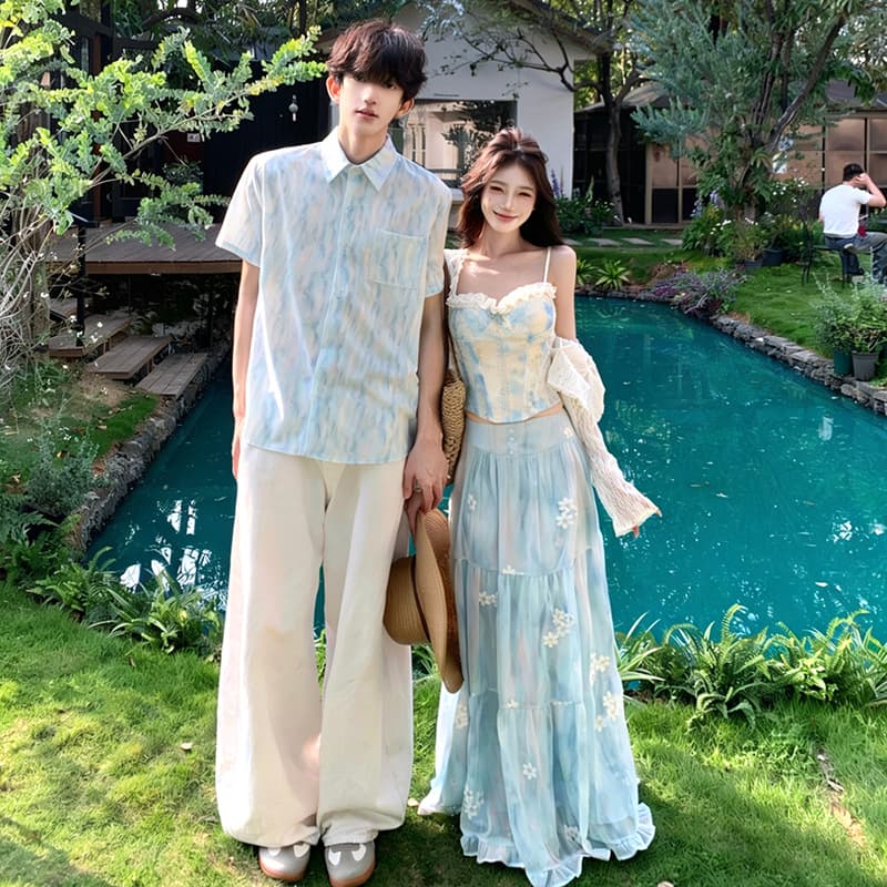 Beach Vacation Couple Outfit Set Summer New Travel Floral Print Skirt Two-Piece Set One Skirt One Top