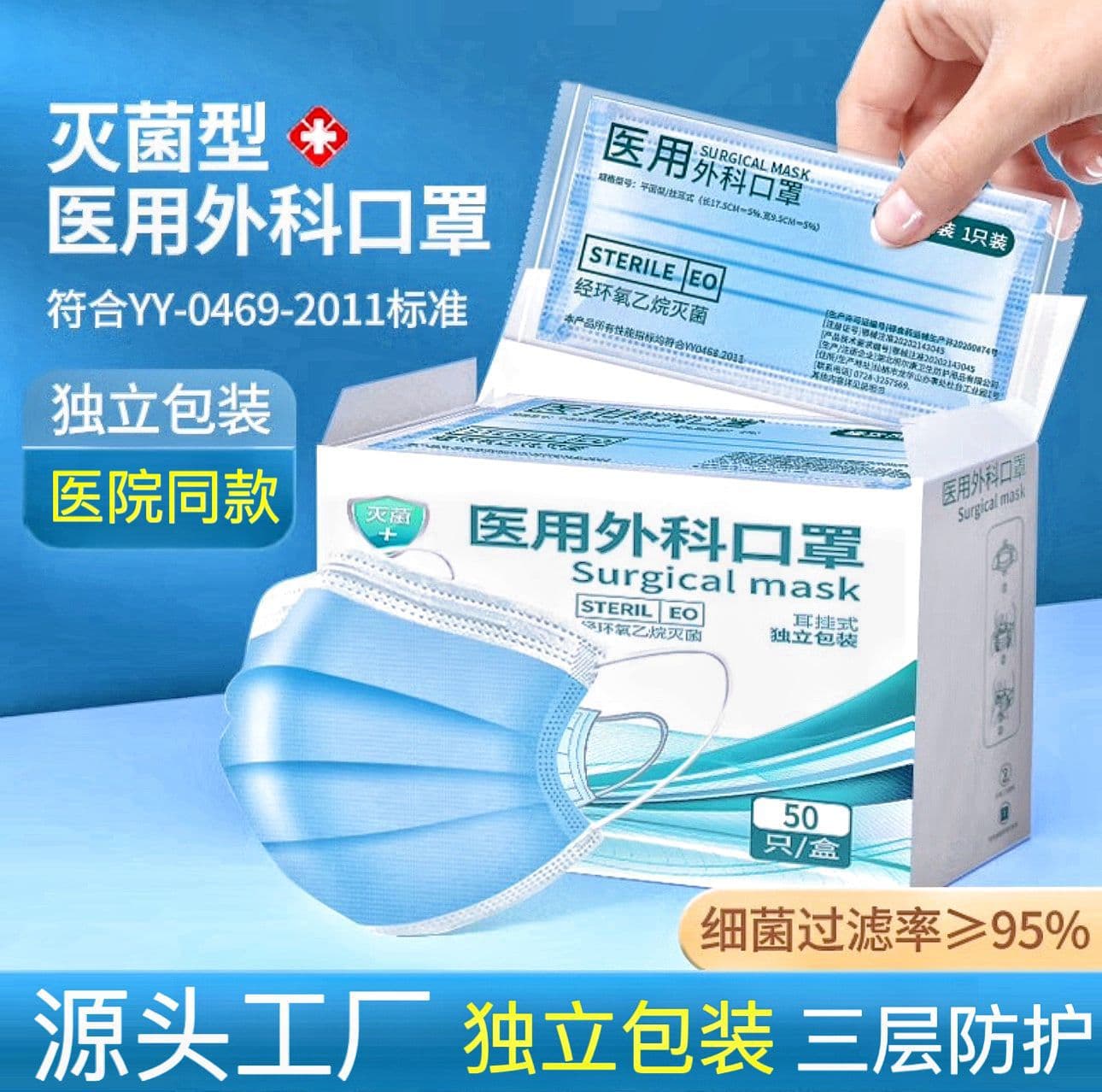 Disposable medical surgical masks, individually wrapped, three-layer protection, sterilization level masks, medical-grade disposable wholesale.
