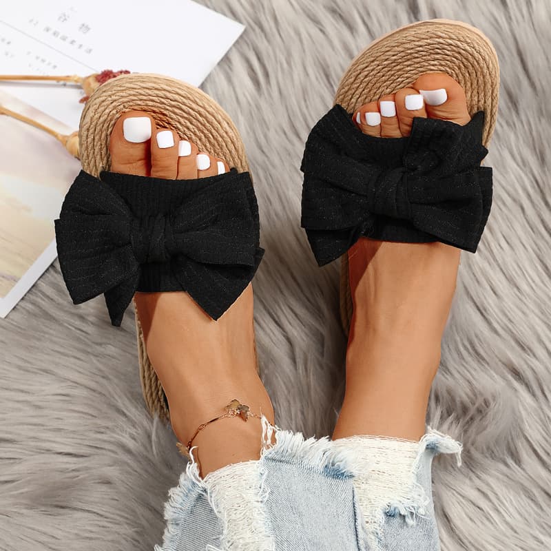 New Summer Indoor Casual Comfortable Lightweight Home Slippers, Linen Bow One-Strap Flat Anti-Slip Sandals