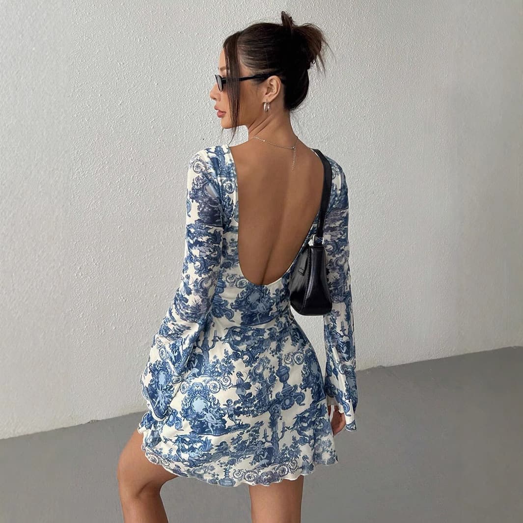 Women's Printed Flared Sleeve Mesh Backless Dress, 2026 Spring/Summer New Arrival for Amazon and DTC Stores