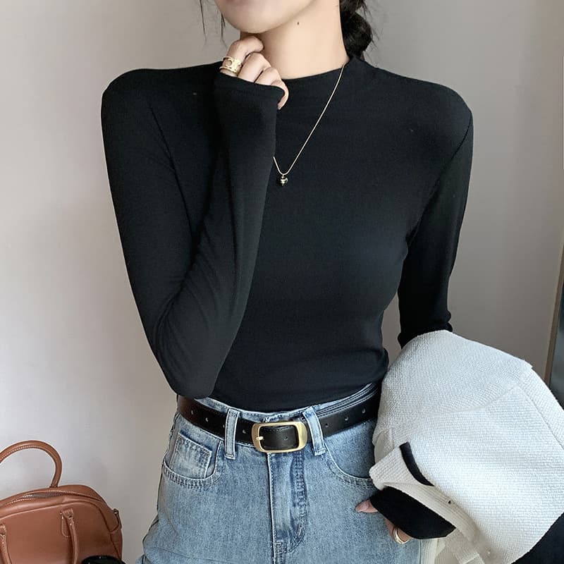 H535 Half Turtleneck Crew Neck Women's New Long Sleeve T-Shirt Modal Base Layer Solid Color Autumn Top Small Stand Collar