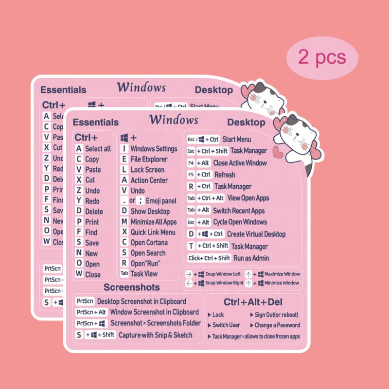 2PCS, Pink Shortcut Sticker Set Laptop Keyboard Shortcut Reference Tip Stickers Waterproof