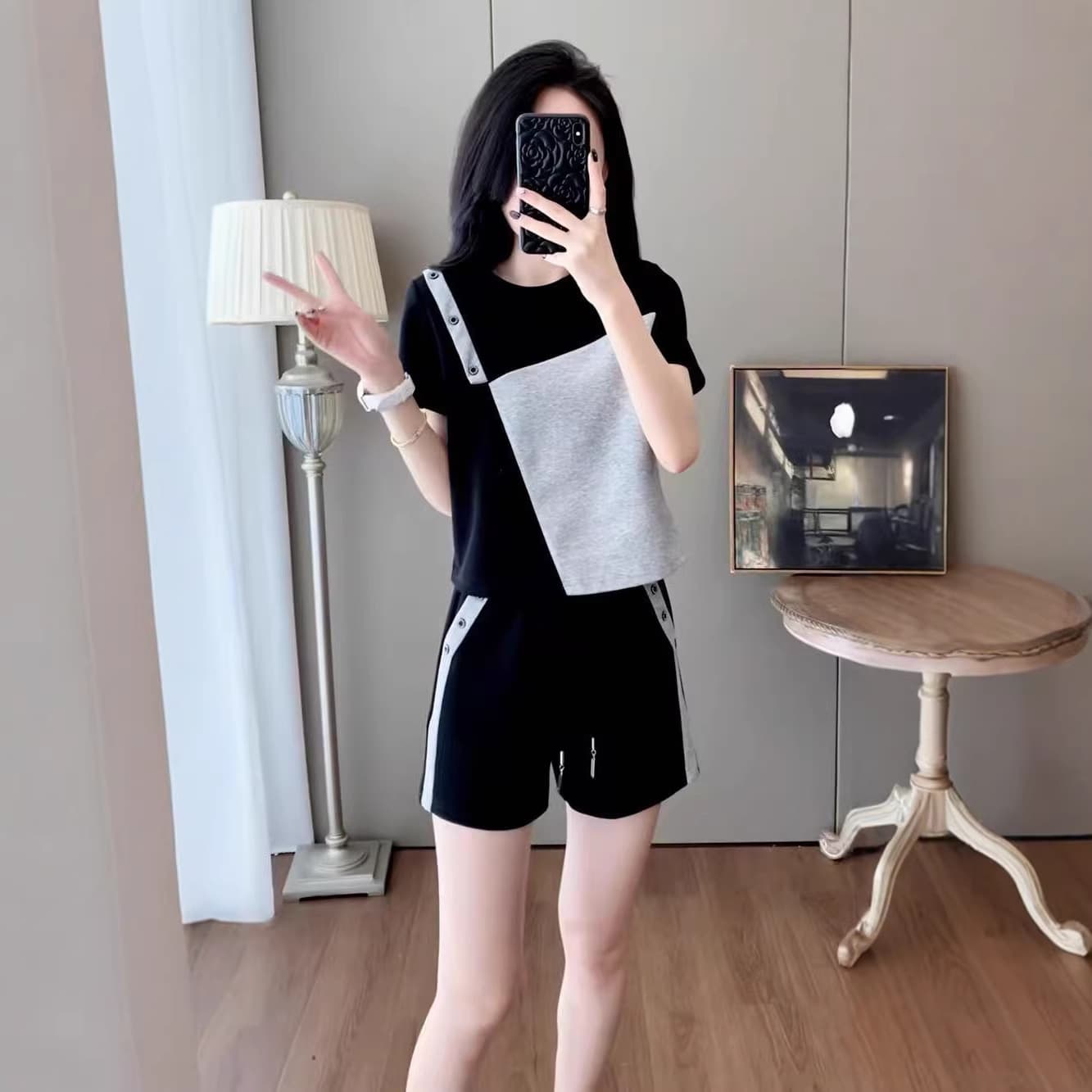 Korean Summer Fashion Casual Set for Women, New Plus Size Contrast Color Slimming Short Sleeve and Shorts Two-Piece Set