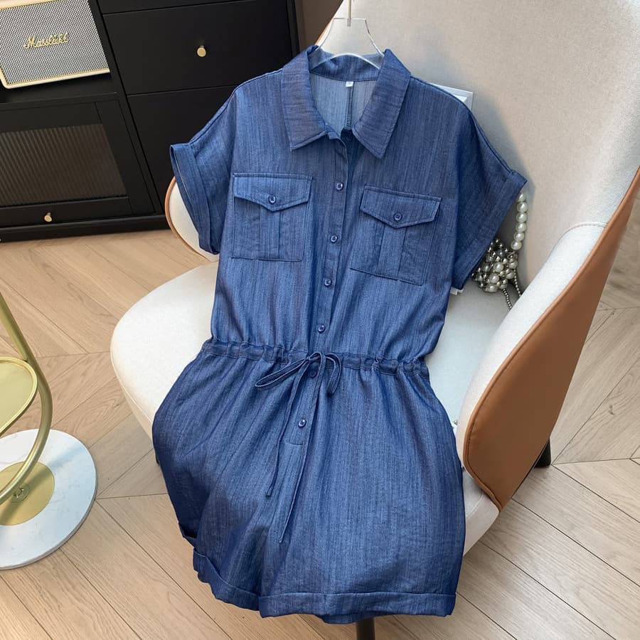 Denim Blue Jumpsuit for Women Short Sleeve Summer Thin Style Chic High-End Design Age-Reducing Short Romper