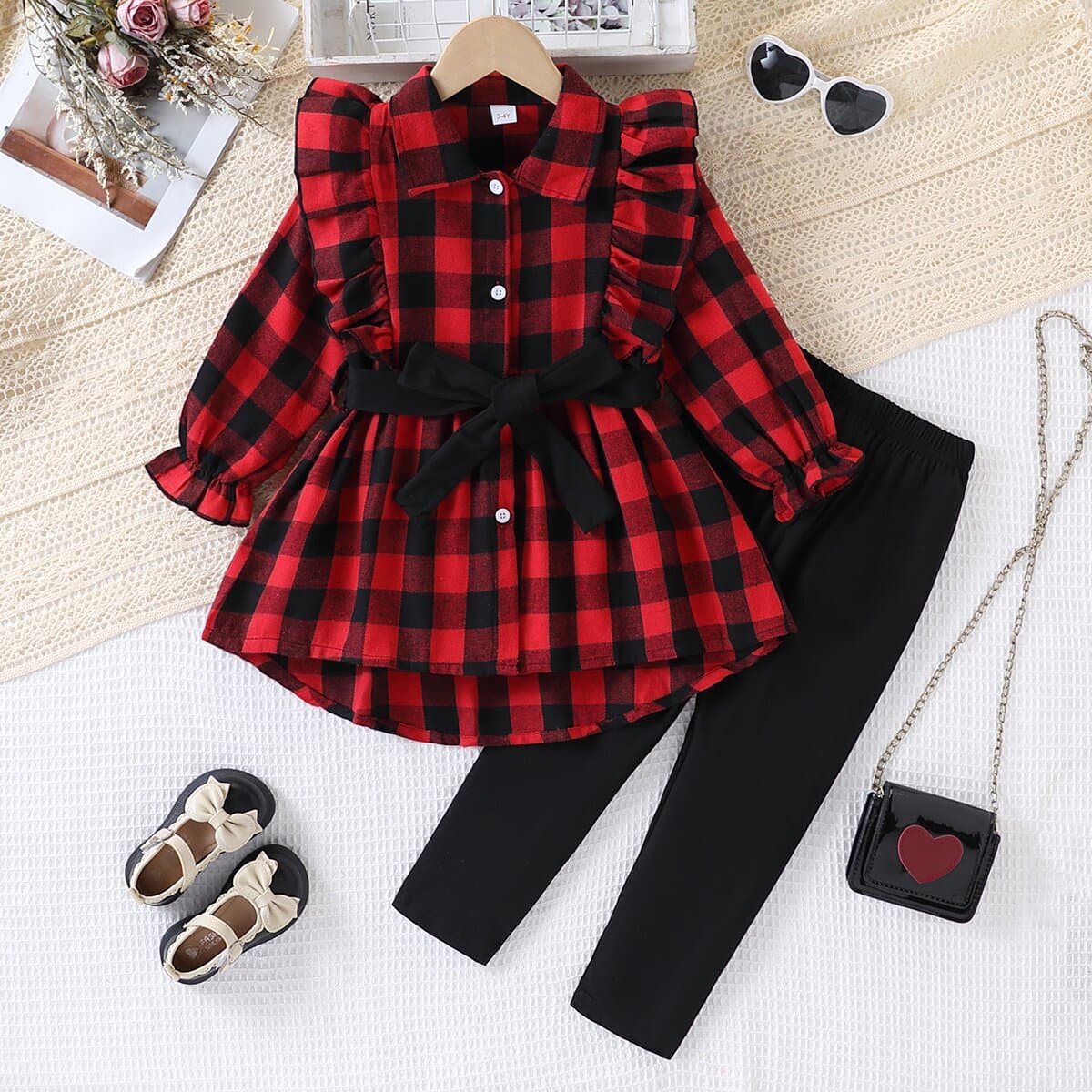 Spring and Autumn Girls Red and Black Plaid Shirt Set Little Girl Ruffled Lace-up Shirt Black Leggings Two-piece Set