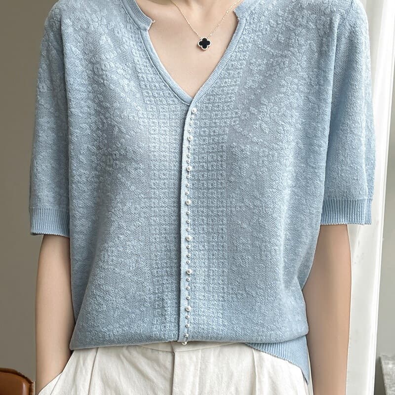 Tencel Lyocell knitted short-sleeved women's V-neck three-dimensional crochet beading age-reducing loose half-sleeved bottoming summer hollow T-shirt
