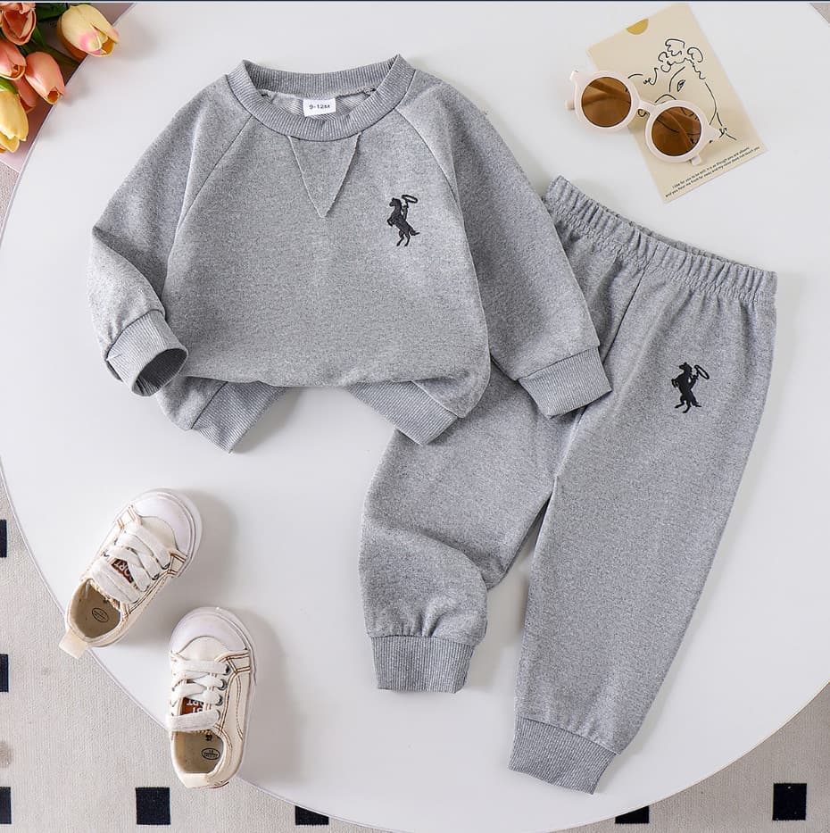 Amazon Cross-Border Europe and America Girls' Two-Piece Set Solid Color Knit Ribbed Long-Sleeve Hoodie and Sweatpants Set for Toddlers and Little Girls