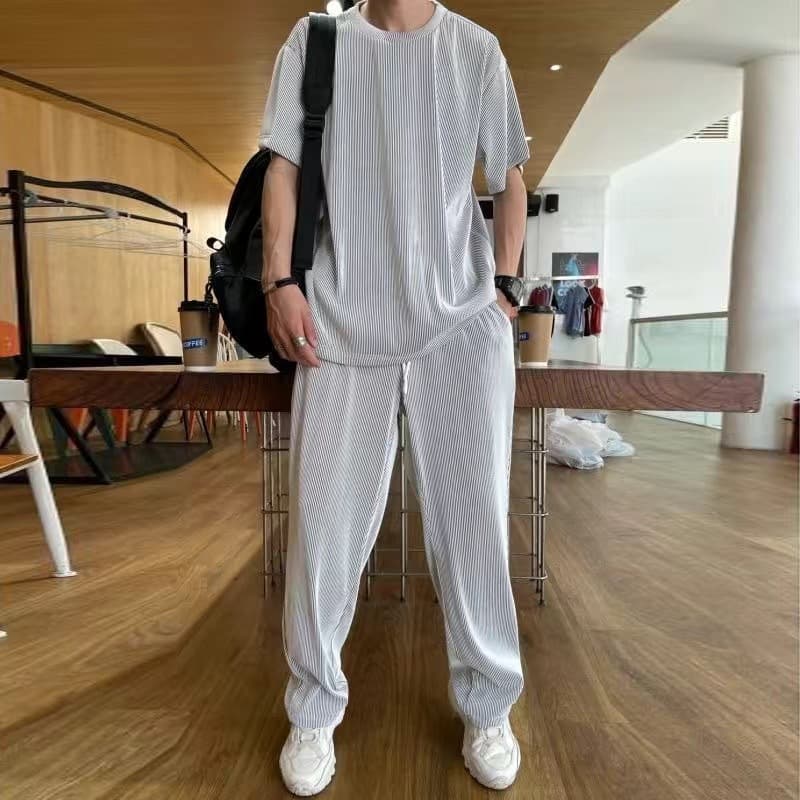 Casualsuit Ice Silk Sports Men's Summer Thin Short Sleeves T-shirt Quick Dry Long Pants Matching Half Sleeve Clothes Set