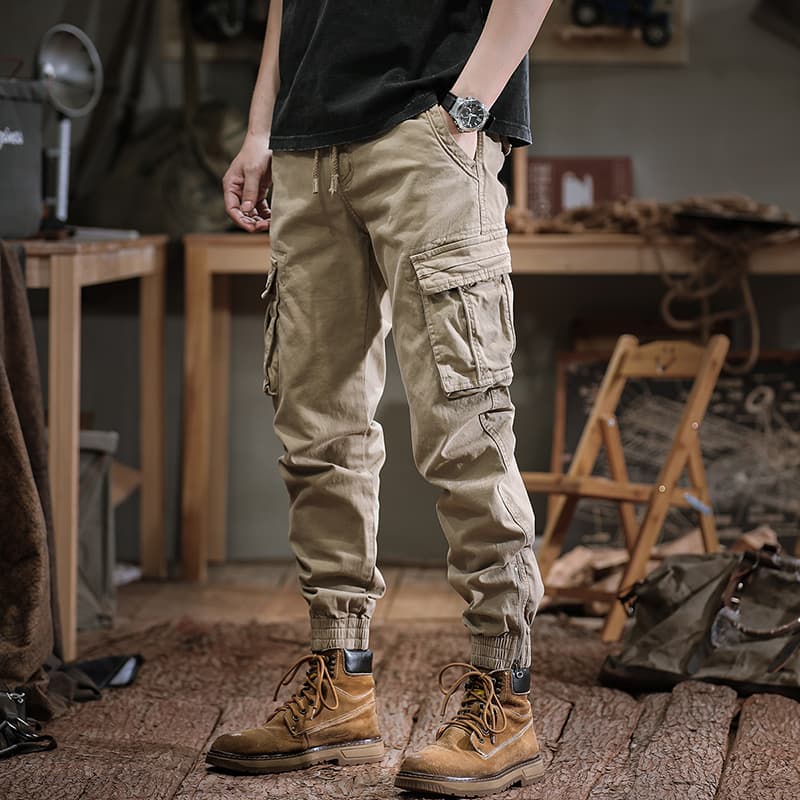 Ame-Kaji Vintage Washed Trendy Men's Cargo Pants Autumn Outdoor Functional Slim Tapered Sports Casual Pants