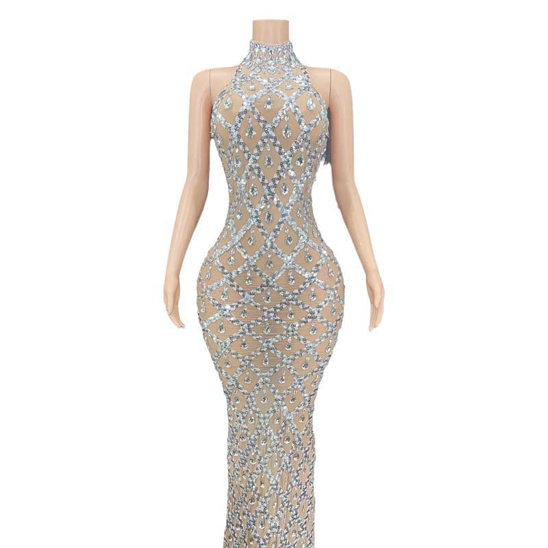 GCMidnight Dress Sparkling Rhinestone Silver Dress Plus Size Women's Evening Gown Full Rhinestone Mermaid