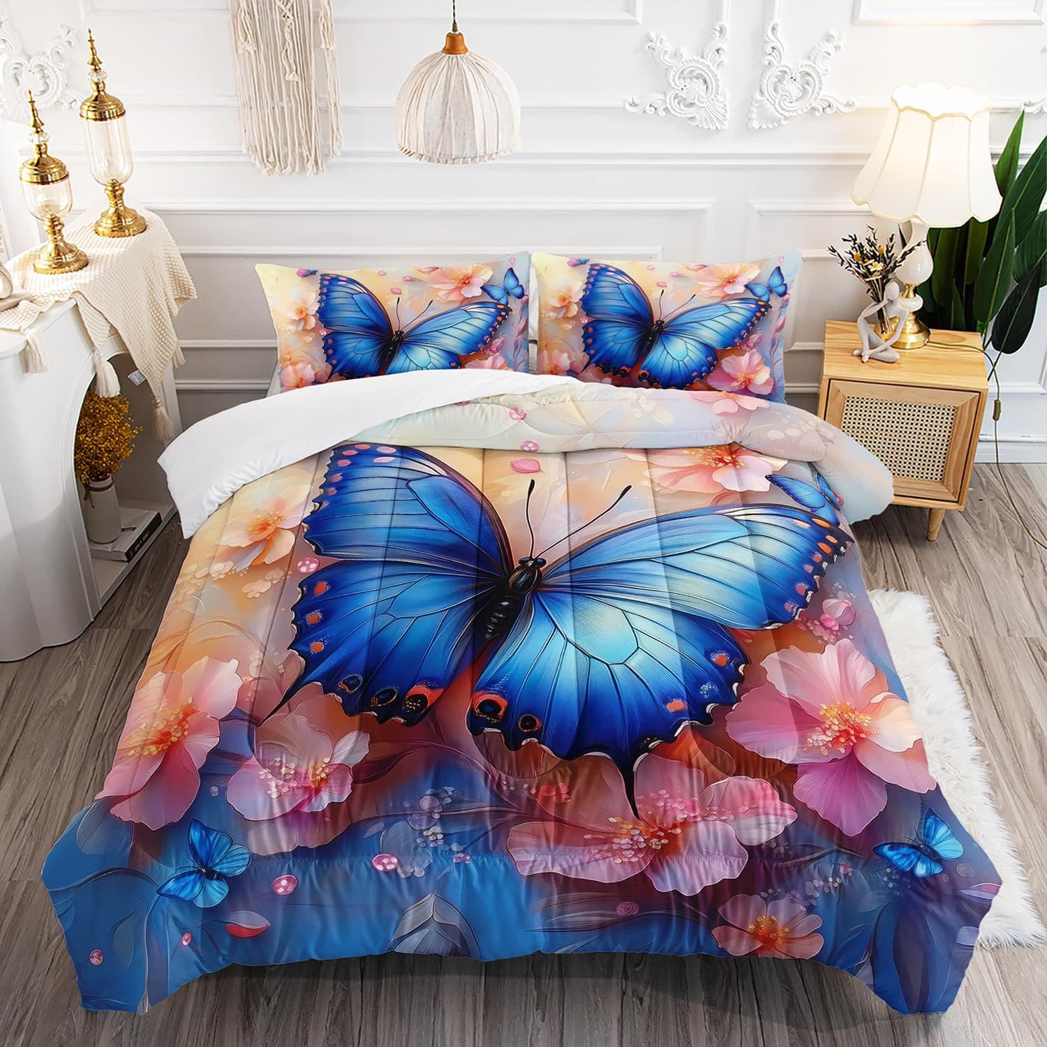 Cross-border Quilt Set Watercolor Beautiful Blue Butterfly Plush Quilt Core Fiberfill Quilted Bedding Three-Piece Set