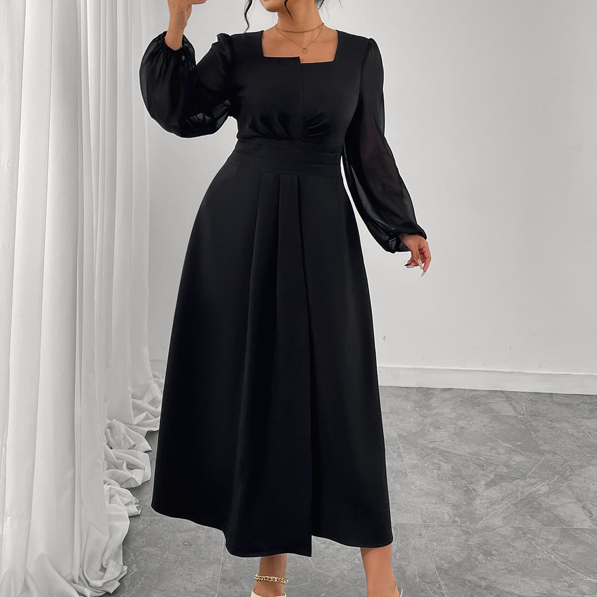 European and American Autumn French Style Elegant Long Dress with High-Waist Pleated Design, Square Neck, Long Sleeves, Plus Size