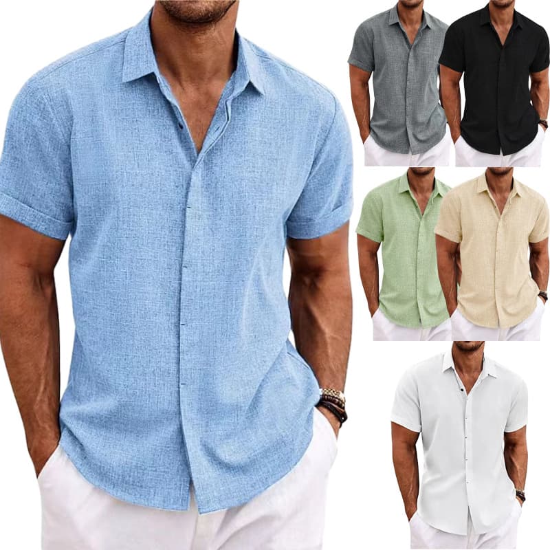 Loose Cotton Linen Short Sleeve Shirt Men's Beachwear Pure Color American Retro Style Machine Washable Lightweight Shirt