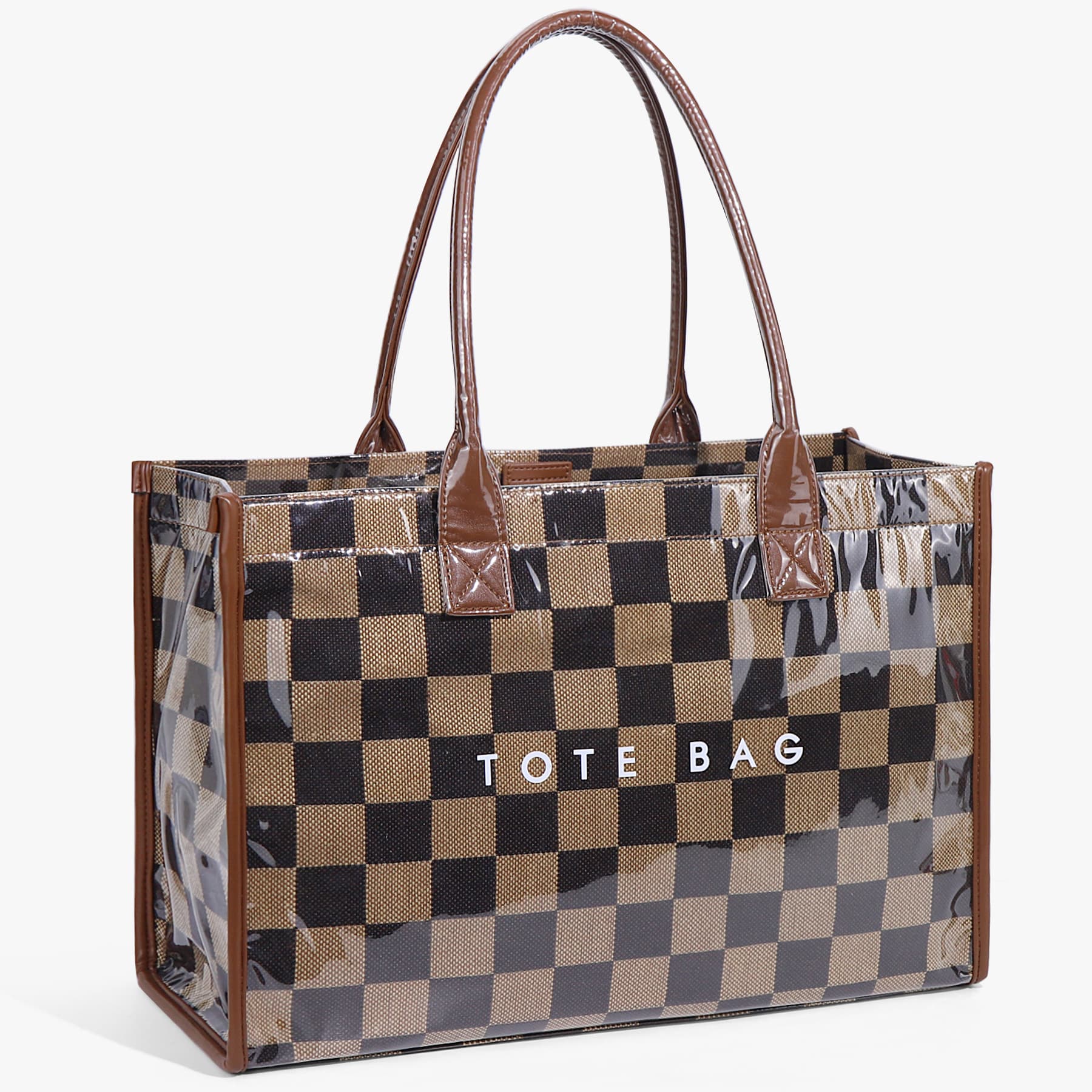 Cross-border TK Amazon hot selling black and brown checkerboard PVC large capacity double handle shoulder bag handbag tote bag