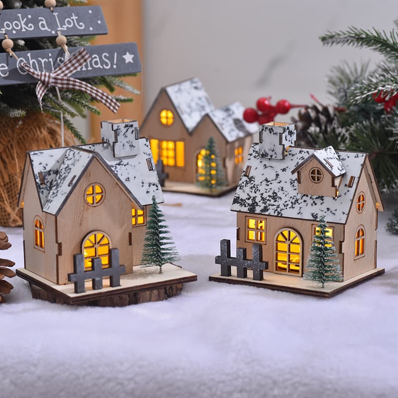 Cross-border Wooden Christmas Ornament Christmas Decoration Lighted Small Wooden House LED Wooden Christmas House Desktop Ornament