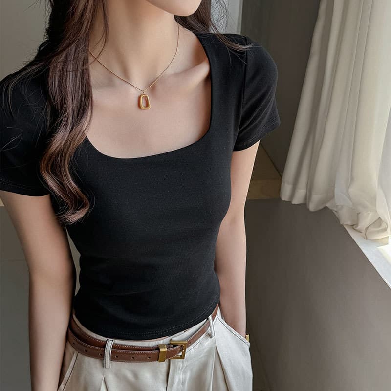Black Square-Neck Short-Sleeve T-Shirt for Women, 2026 Summer New Style, Slim Fit, Flattering, High-End Feel Top