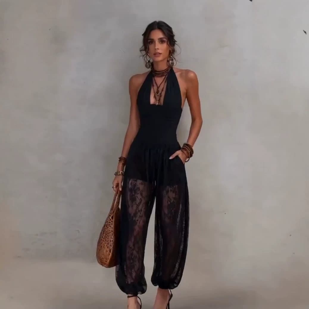 2026 Best-Selling Fashion Sexy Contrast V-Neck Lace Backless Halter Jumpsuit 10789