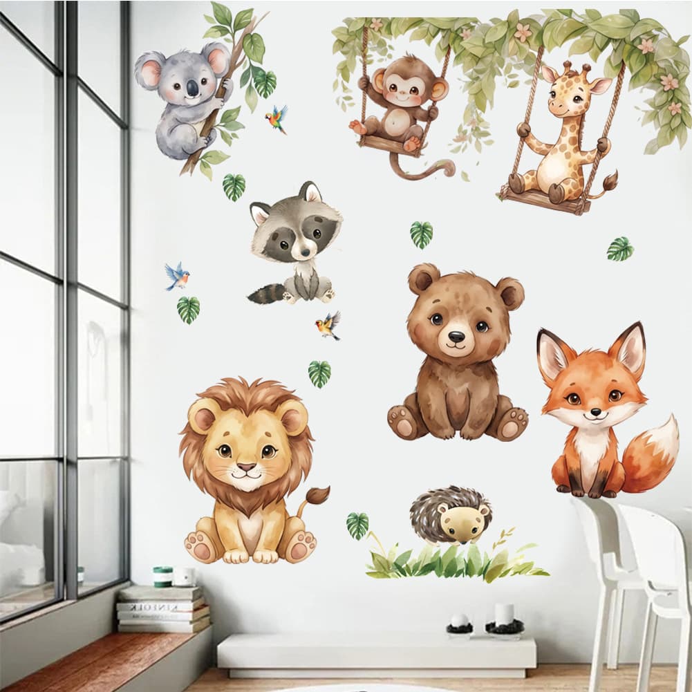 Animal Rainbow Wall Sticker Bear Elephant Koala Rabbit Wall Sticker Cartoon Rainbow Animal Wall Sticker Self-Adhesive Wall Sticker