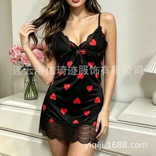 New European and American Foreign Trade Style Sexy Lingerie Sleepwear Printed Nightgown Women's Ice Silk Heart Print Pajama Camisole Dress