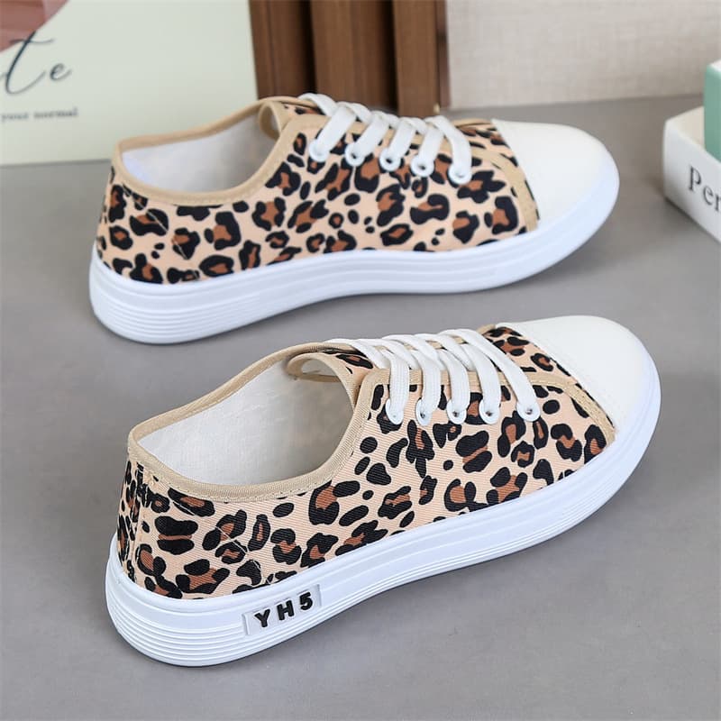 Large Size Leopard Print Canvas Shoes for Women, 2025 Spring New Cross-Border Thin Casual Flat Cloth Shoes Lace-Up Student Shoes