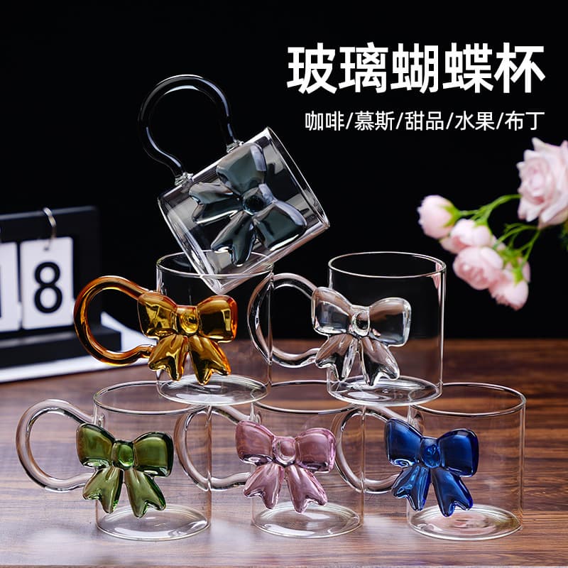 Three-Dimensional Colorful Bowknot Mug, High Borosilicate Transparent Straight Glass Cup for Home Use, Suitable for Milk, Coffee, Cold Drinks, and Water