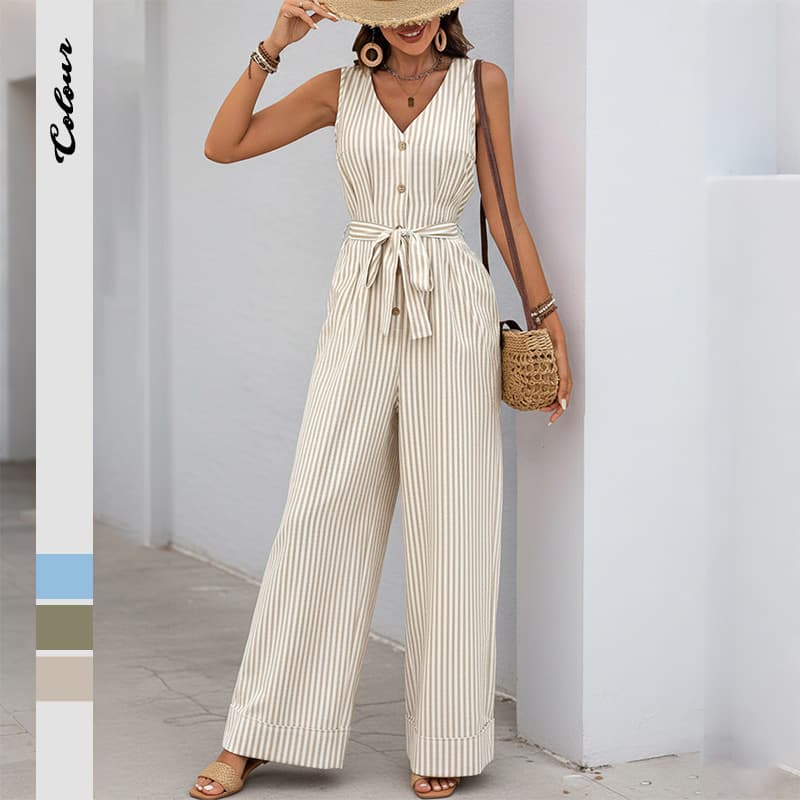 TEMU cross-border 2025 summer new popular casual style jumpsuit sleeveless shoulder strap striped jumpsuit