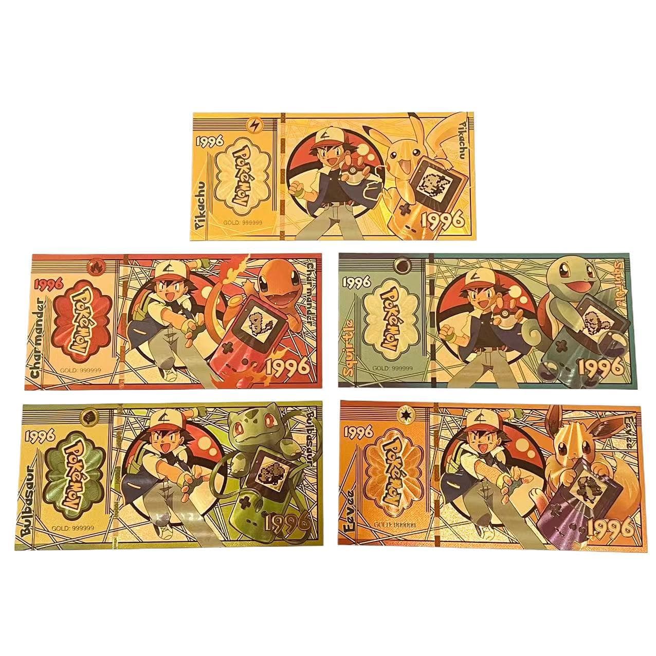 Five colorful Pokémon commemorative banknotes, Pokémon gold banknotes, Pokémon plastic coins, children's collection gifts