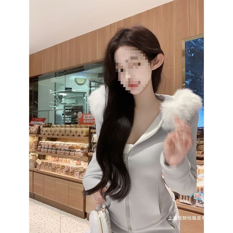 Women's Casual Two-Piece Set: Fleece-lined Thick Long-Sleeved Sweatshirt with Fur Collar, Winter Outfit with Flared Pants